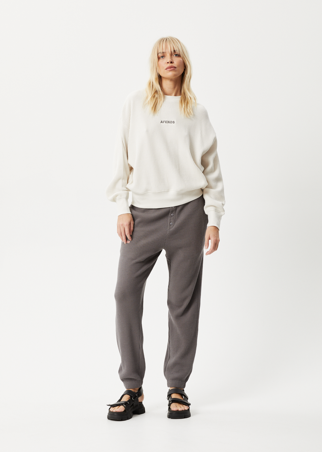 AFENDS Womens Ari - Waffle Crew Neck Jumper - Off White 