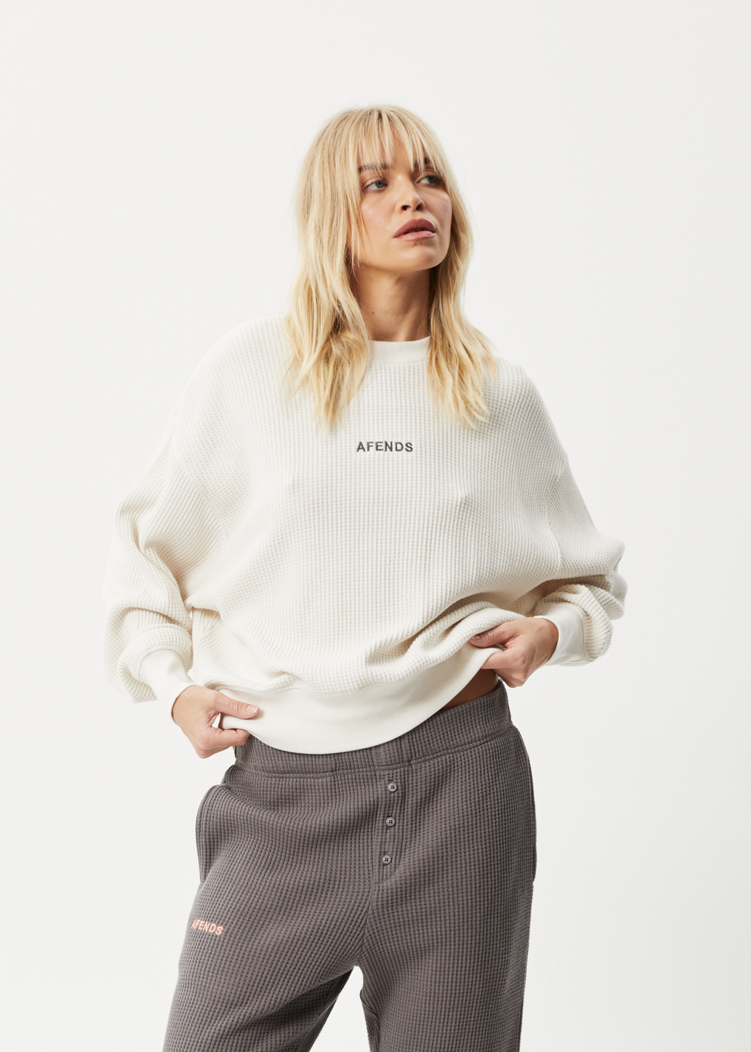 AFENDS Womens Ari - Waffle Crew Neck Jumper - Off White 