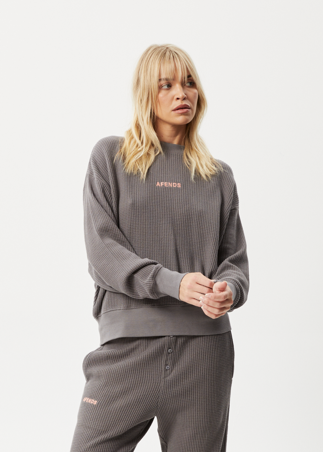 AFENDS Womens Ari - Waffle Crew Neck Jumper - Steel 