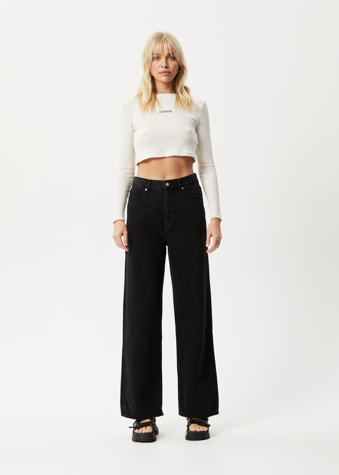 AFENDS Womens Ari - Waffle Long Sleeve Cropped Top - Off White 