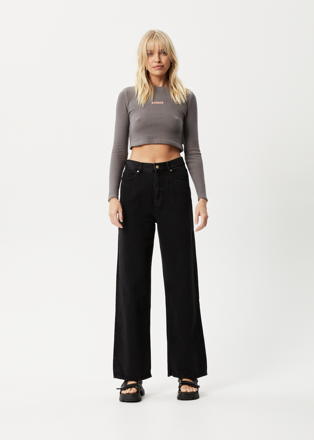 AFENDS Womens Ari - Waffle Long Sleeve Cropped Top - Steel 