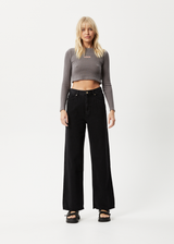 Afends Womens Ari - Waffle Long Sleeve Cropped Top - Steel - Afends womens ari   waffle long sleeve cropped top   steel 