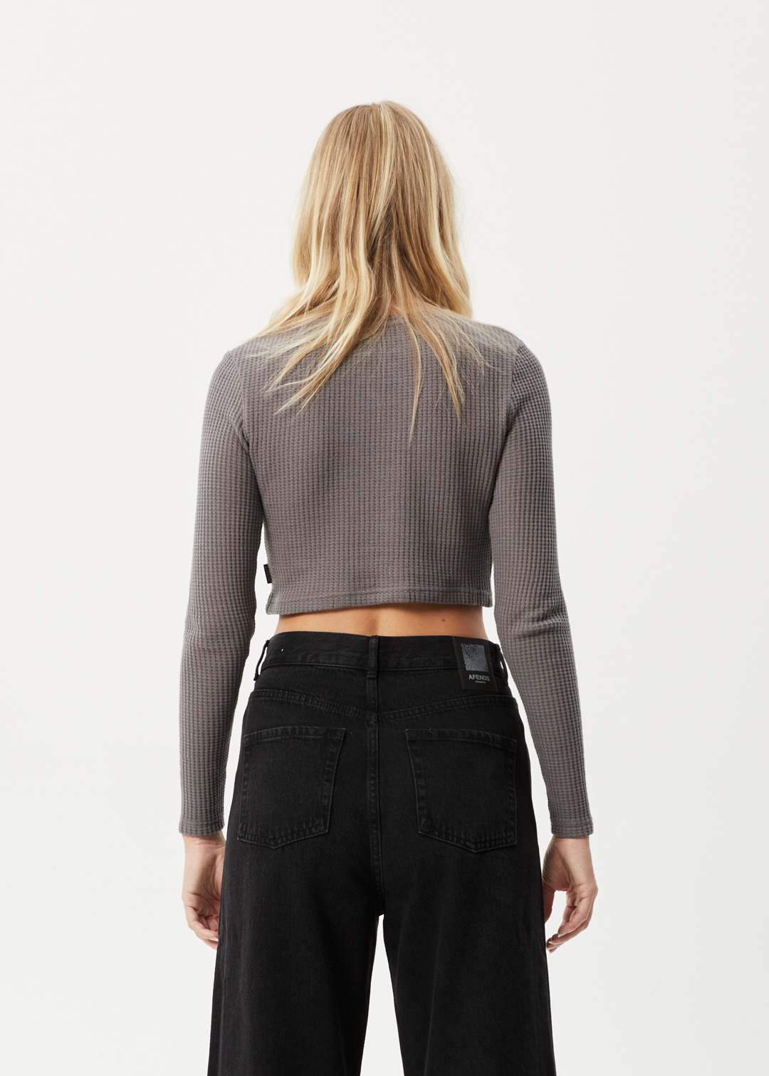 AFENDS Womens Ari - Waffle Long Sleeve Cropped Top - Steel 