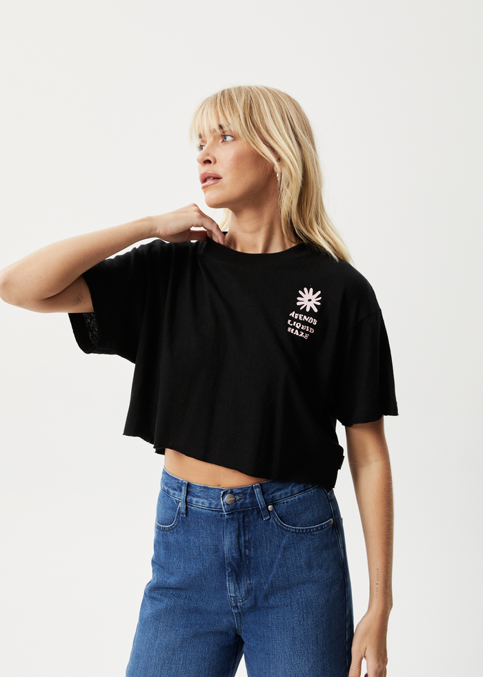 Afends Womens Daze Slay Cropped - Hemp Oversized Graphic T-Shirt - Black 