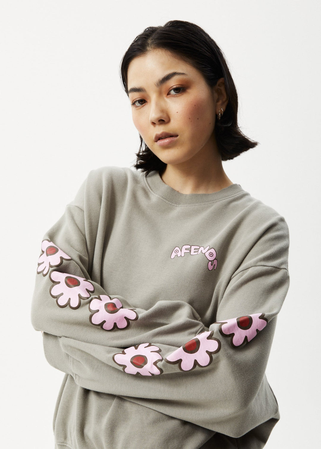 AFENDS Womens Flower - Crew Neck Jumper - Olive 