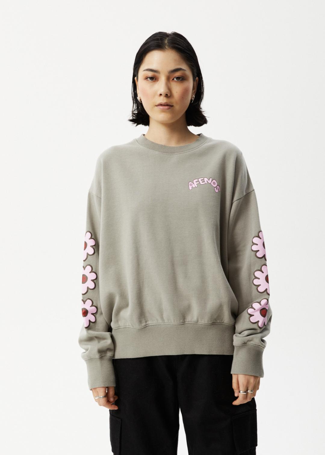 AFENDS Womens Flower - Crew Neck Jumper - Olive 