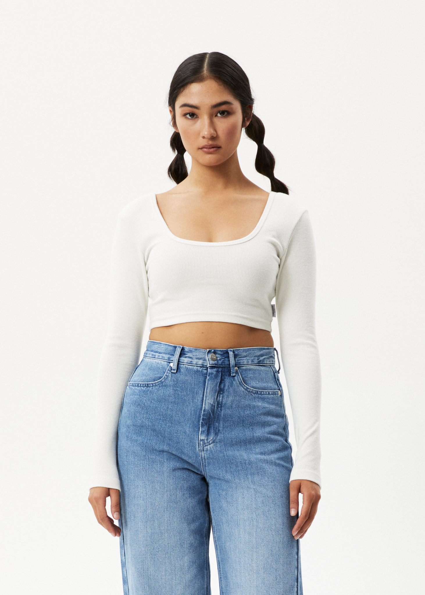 AFENDS Womens Milla - Rib Long Sleeve Cropped Top - Off White