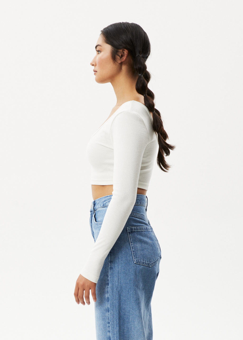 AFENDS Womens Milla - Rib Long Sleeve Cropped Top - Off White