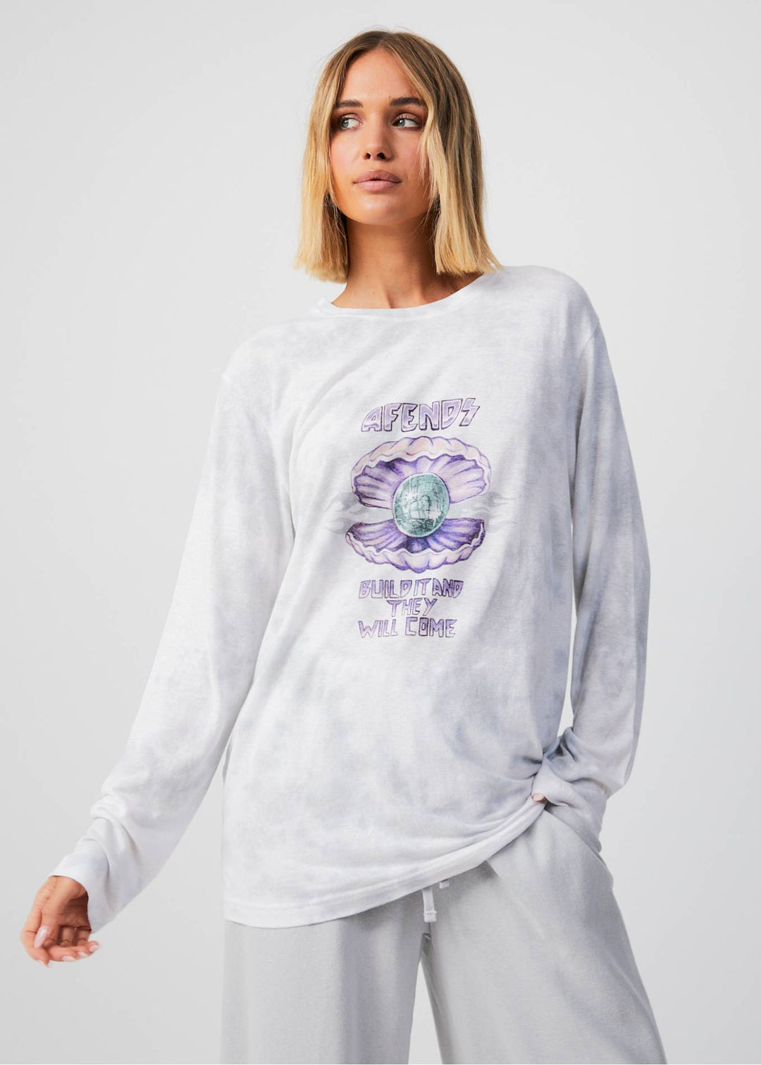 AFENDS Womens Pearla - Long Sleeve Graphic T-Shirt - Smoke Wash 