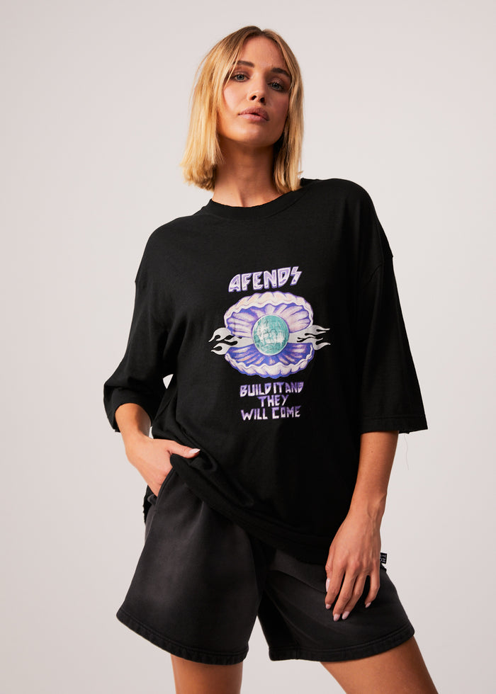 Afends Womens Shell - Hemp Oversized Graphic T-Shirt - Black 