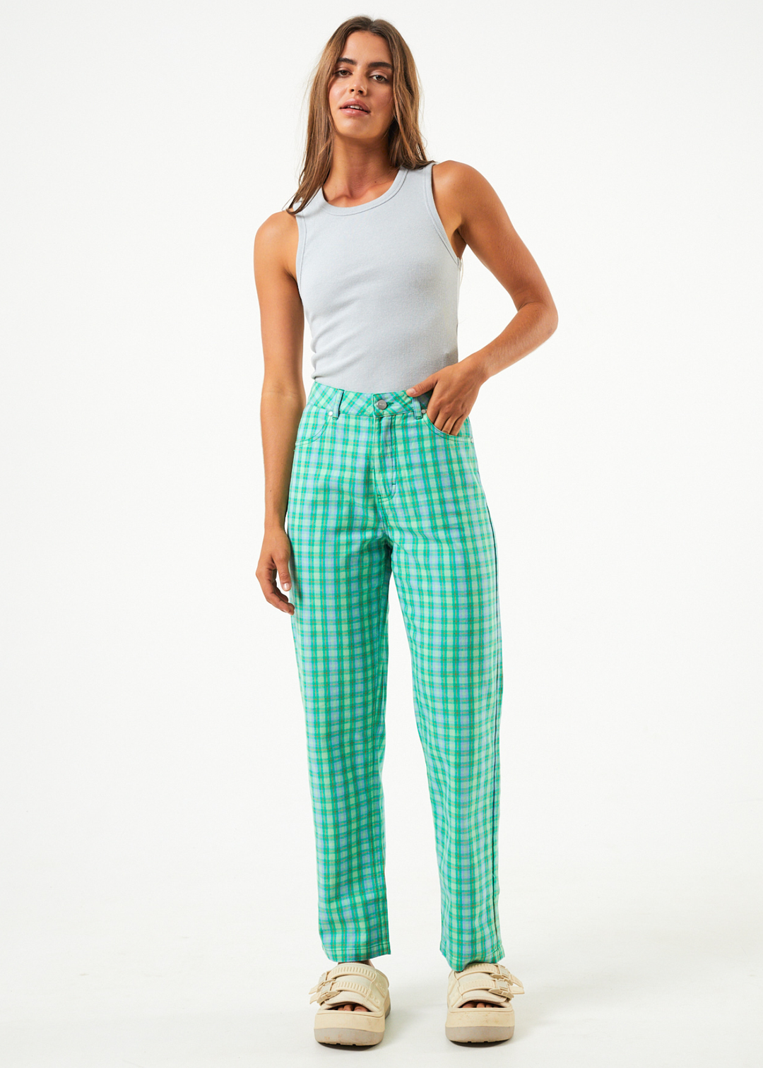 AFENDS Womens Tully Shelby - Check Wide Leg Pants - Forest Check 