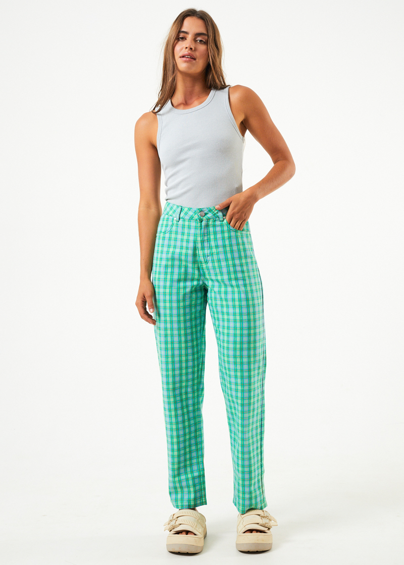 Afends Womens Tully Shelby - Hemp Check Wide Leg Pants - Forest Check