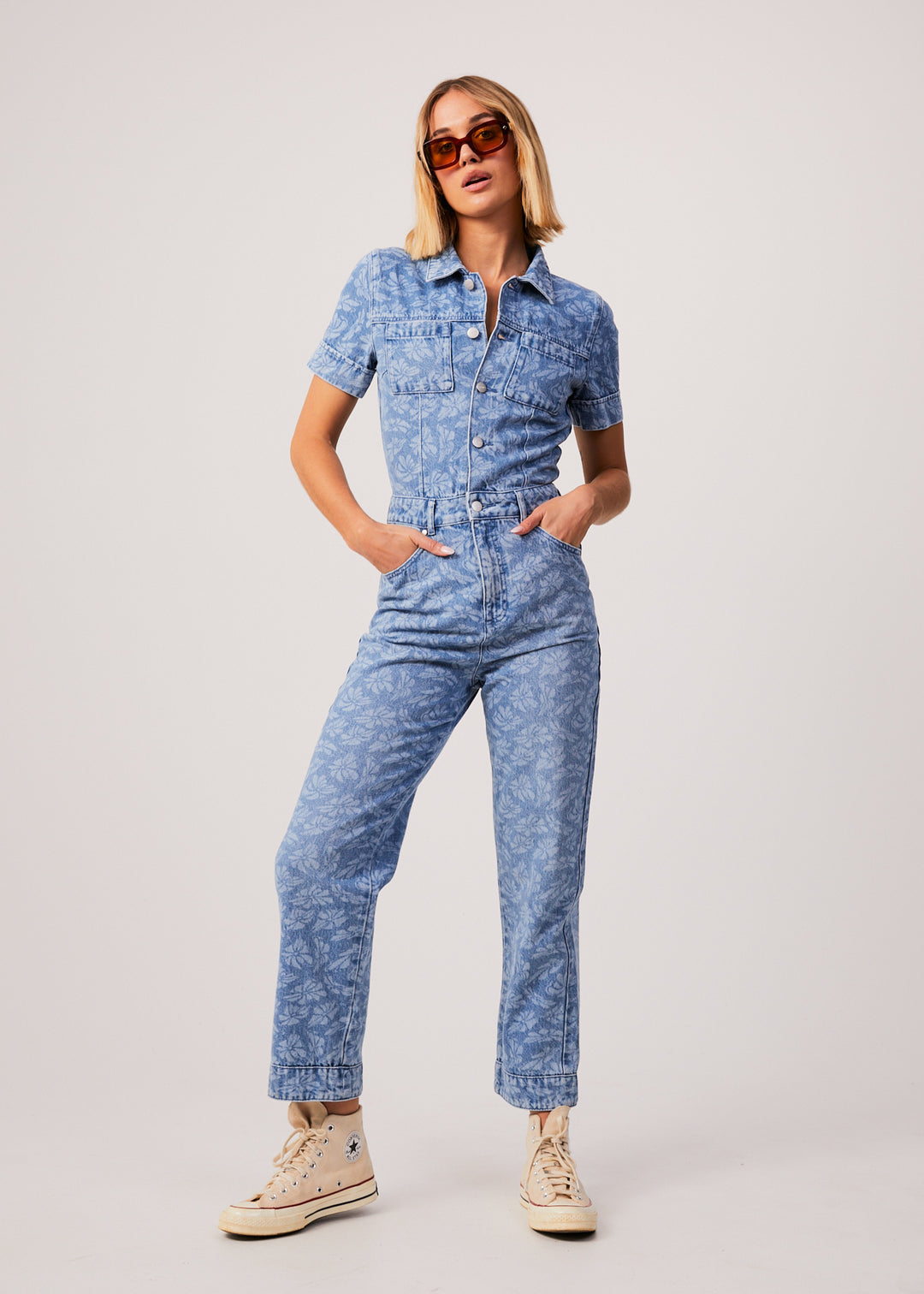 AFENDS Womens Zuri - Denim Floral Jumpsuit - Floral Blue 