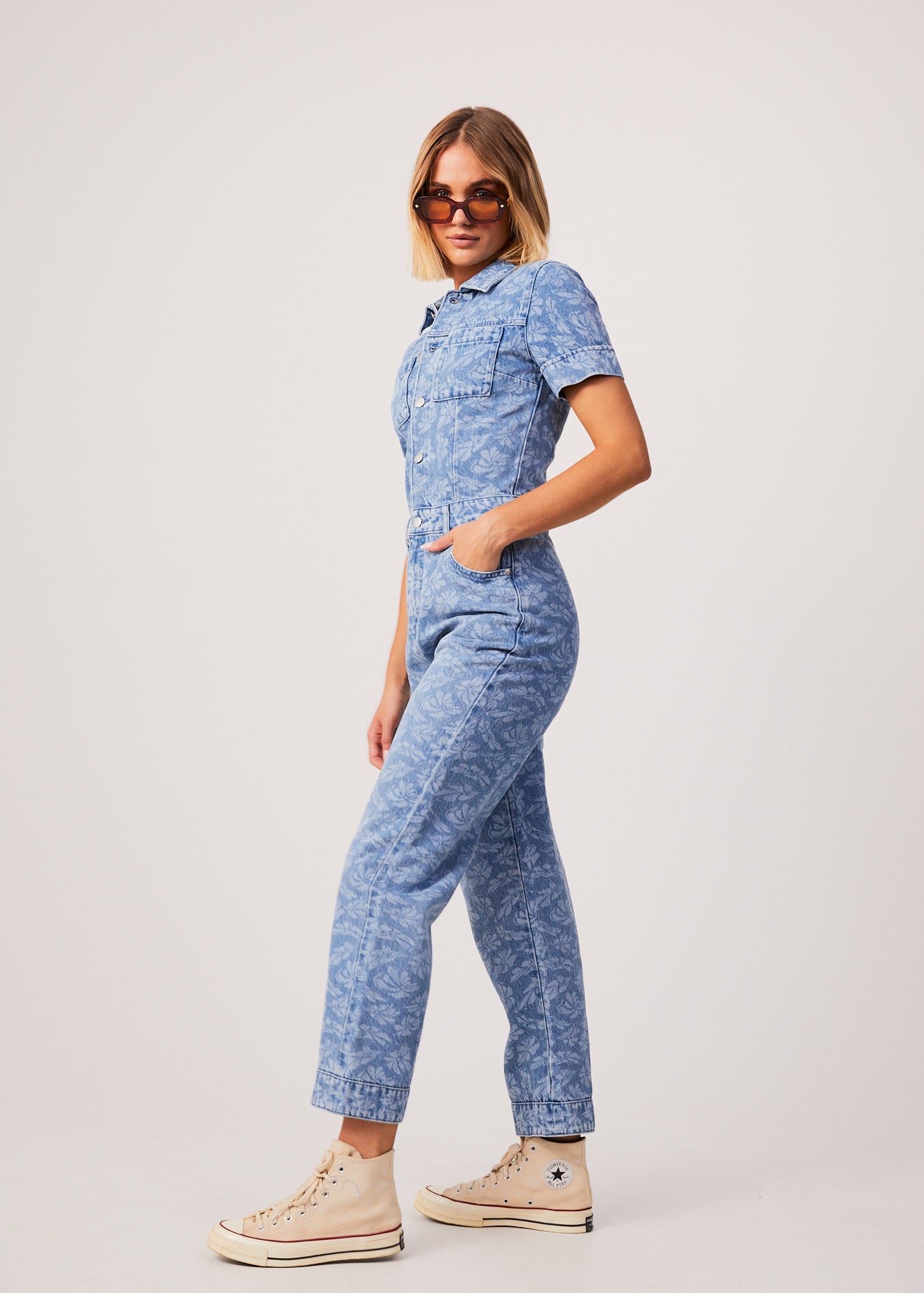 Zuri - Women's Hemp Denim Floral Jumpsuit - Floral Blue - Afends AU.