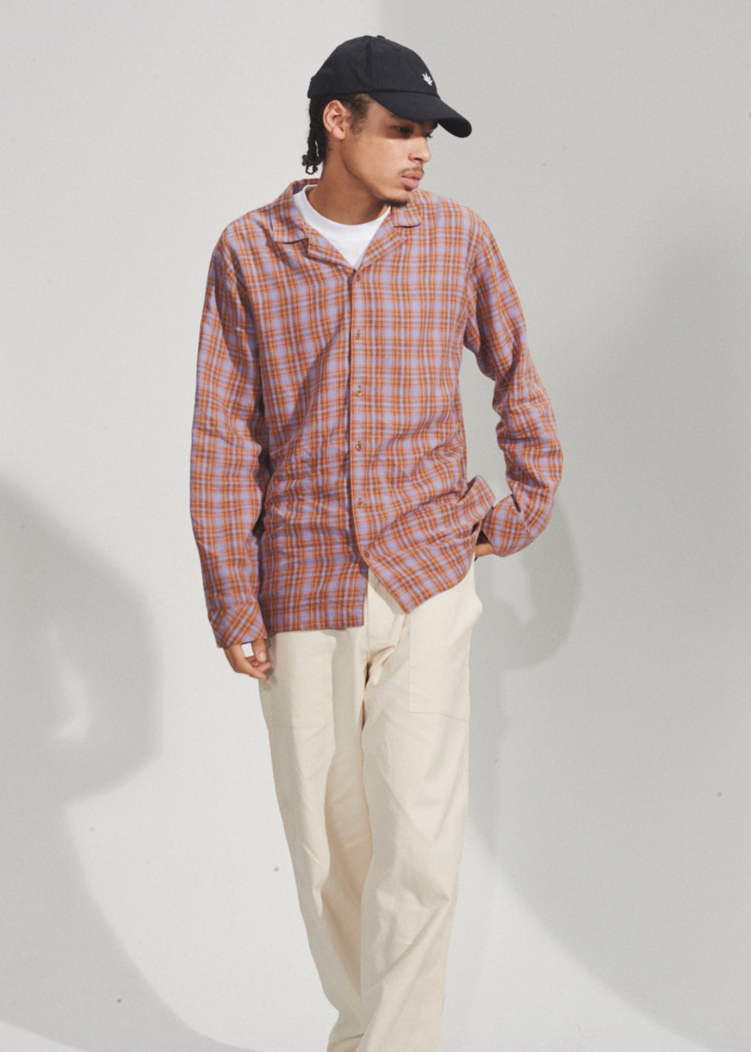 AFENDS Mens Colby - Check Cuban Long Sleeve Shirt - Plum 