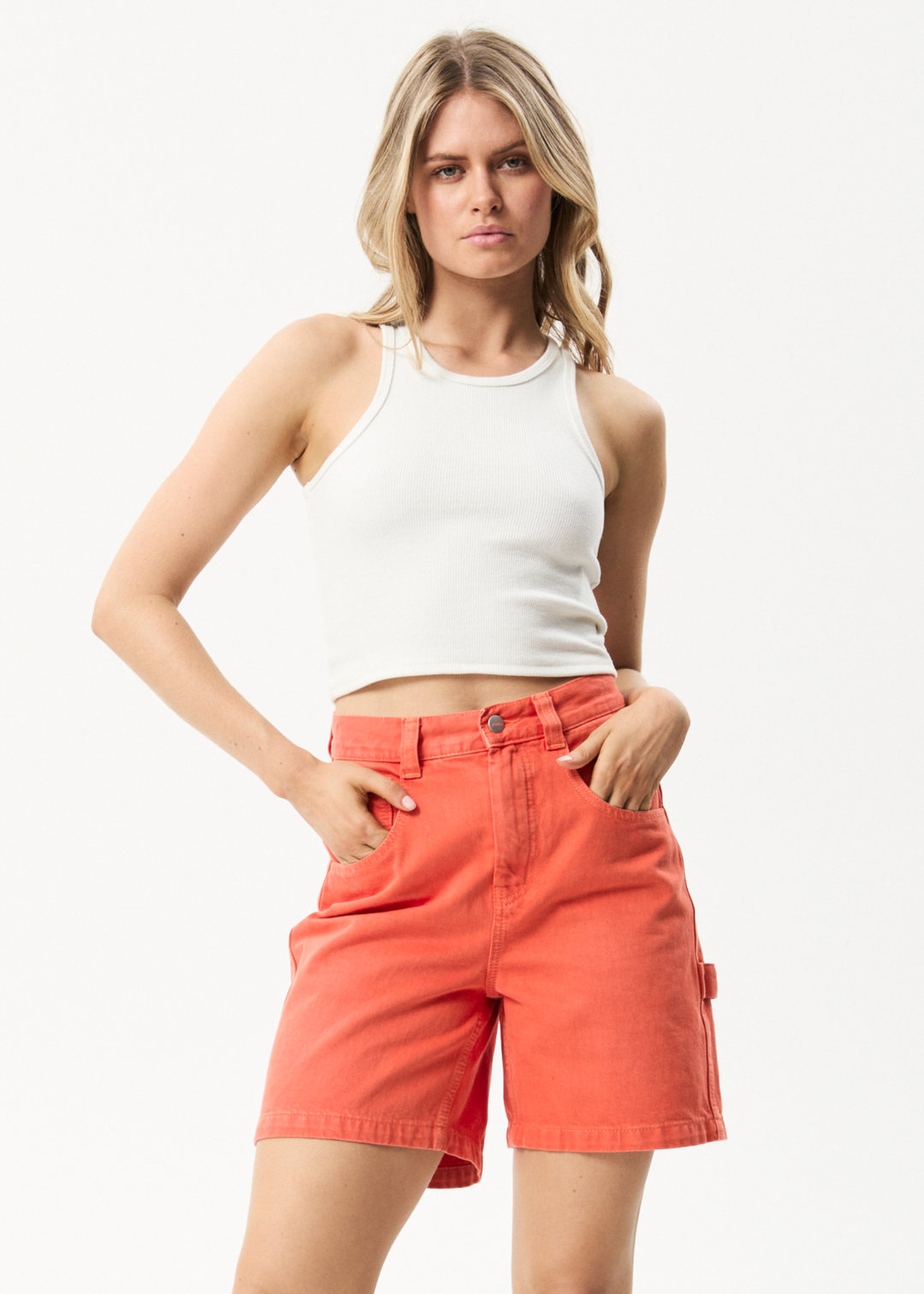 AFENDS Womens Emilie - Denim Carpenter Shorts - Faded Orange 