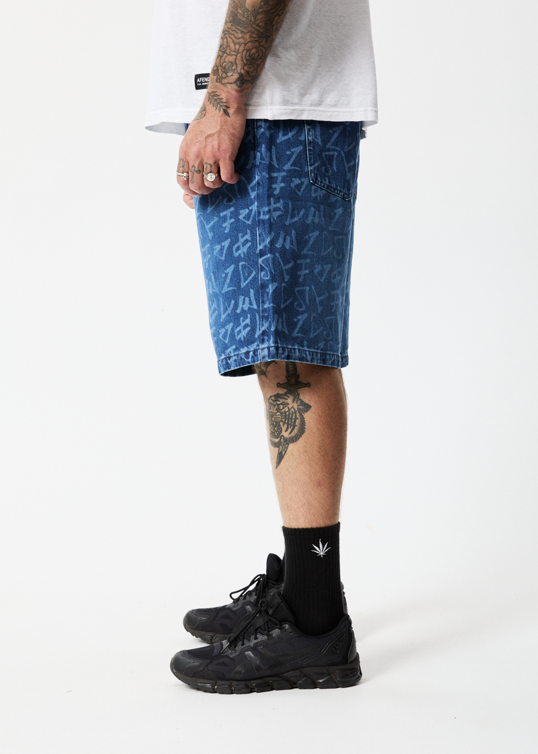 AFENDS Mens Tagged Lil C - Denim Baggy Shorts - Graffiti Blue 