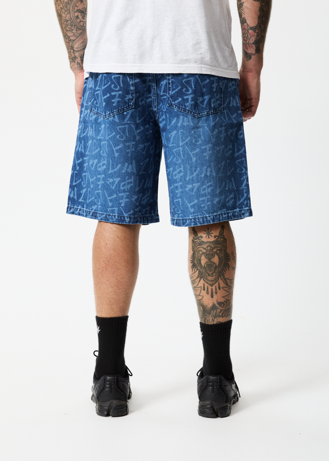 AFENDS Mens Tagged Lil C - Denim Baggy Shorts - Graffiti Blue 