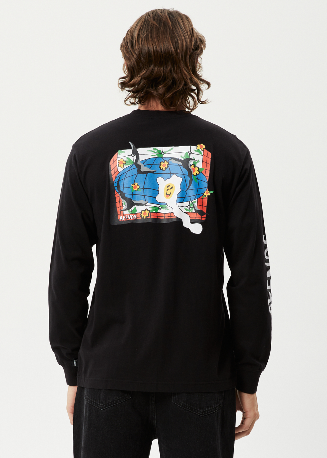 AFENDS Mens Globe - Long Sleeve Graphic T-Shirt - Black 