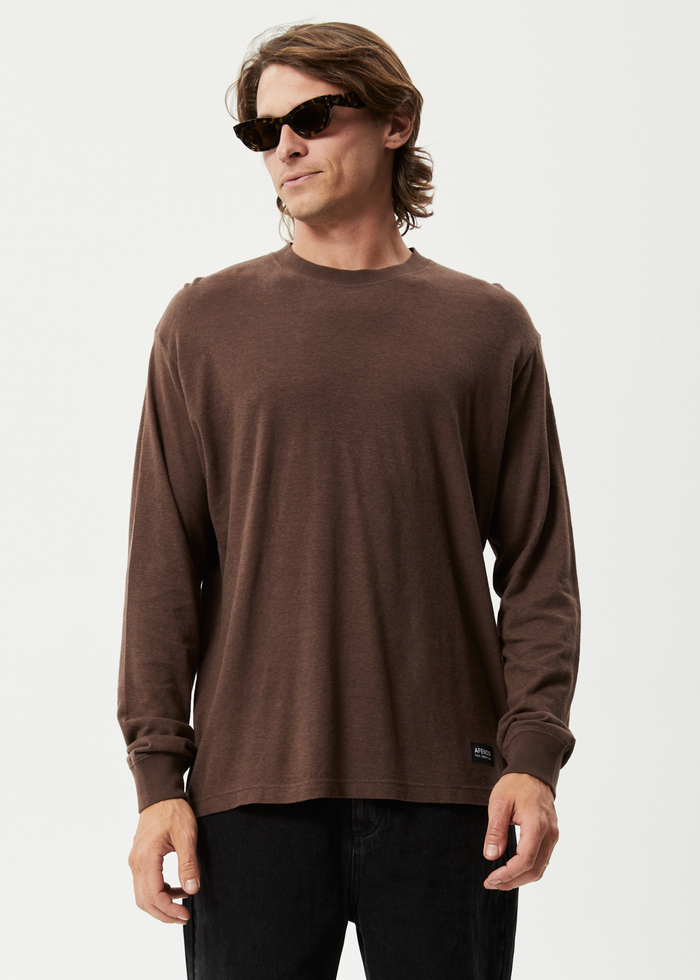 Afends Mens Essential - Hemp Retro Long Sleeve T-Shirt - Coffee 