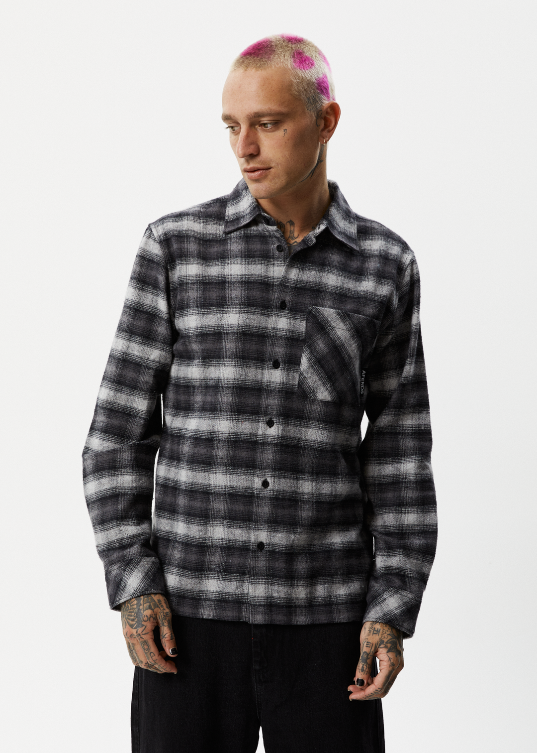 AFENDS Mens Nobody - Flannel Long Sleeve Shirt - Black 