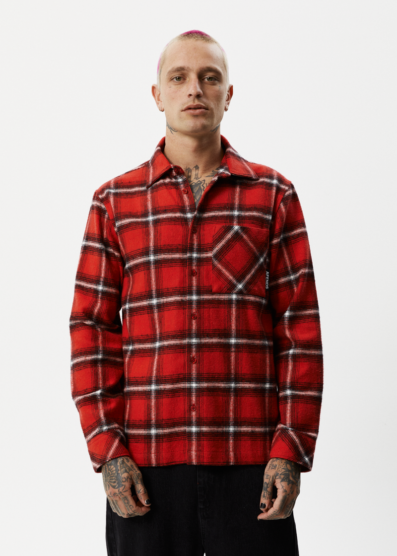 AFENDS Mens Nobody - Flannel Long Sleeve Shirt - Deep Red