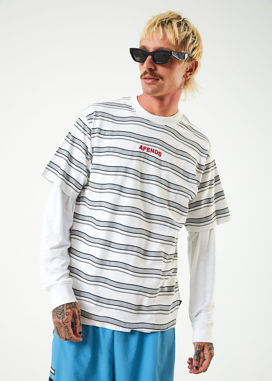Afends Mens Warped - Recycled Retro Striped T-Shirt - White - Afends AU.
