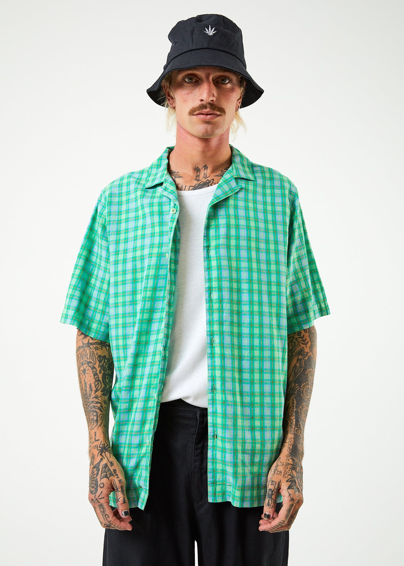 Afends Mens Meadows - Hemp Check Cuban Short Sleeve Shirt - Forest