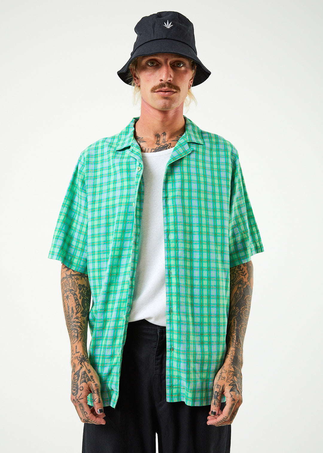 AFENDS Mens Meadows - Check Cuban Short Sleeve Shirt - Forest Check 