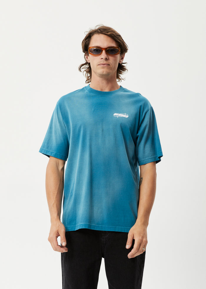 Afends Mens Eternal - Recycled Retro Graphic Logo T-Shirt - Worn Azure 