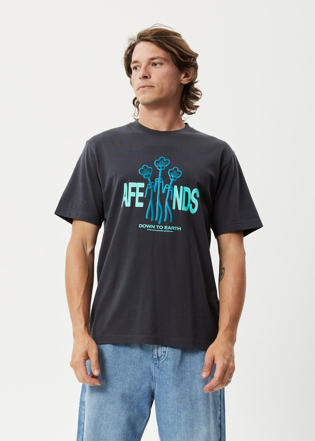 AFENDS Mens Grooves - Retro Graphic T-Shirt - Charcoal 