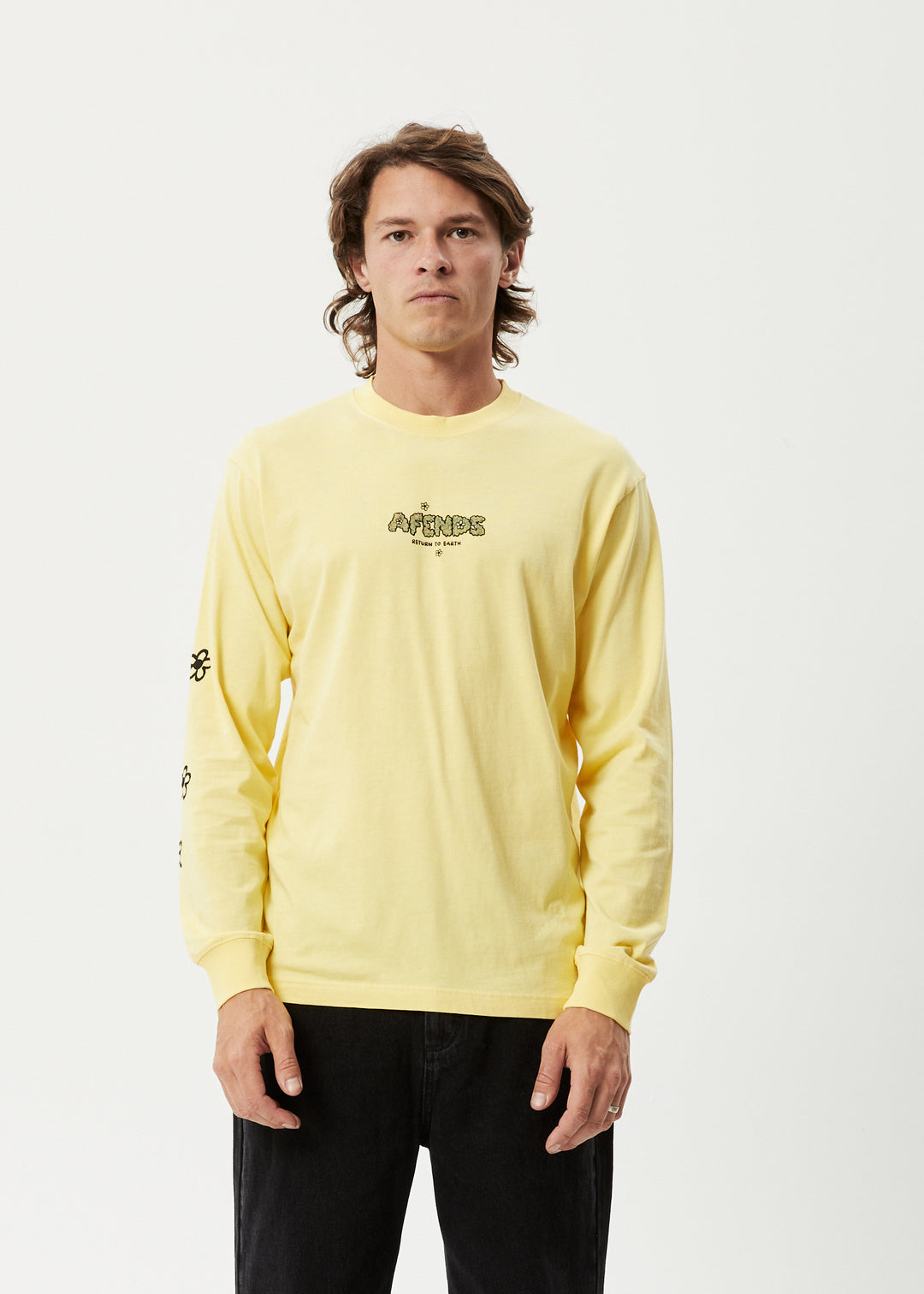 AFENDS Mens Earthling - Long Sleeve Graphic Logo T-Shirt - Butter 