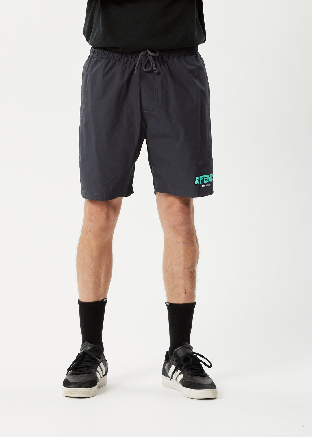 AFENDS Mens Baywatch World - Elastic Waist Shorts - Charcoal 