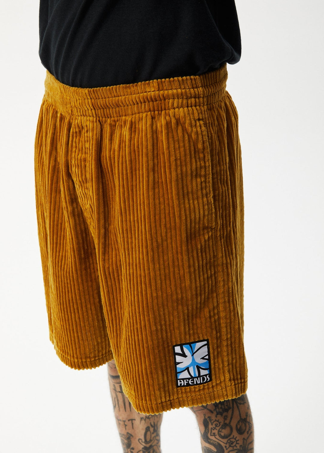 AFENDS Mens Waterfall Ninety Eights - Corduroy Elastic Waist Shorts - Mustard 