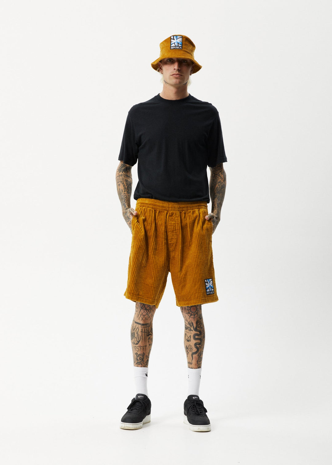 AFENDS Mens Waterfall Ninety Eights - Corduroy Elastic Waist Shorts - Mustard 