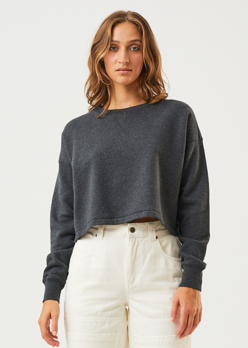 Afends Womens Down Town - Organic Cropped Crew Neck Jumper - Black Marle