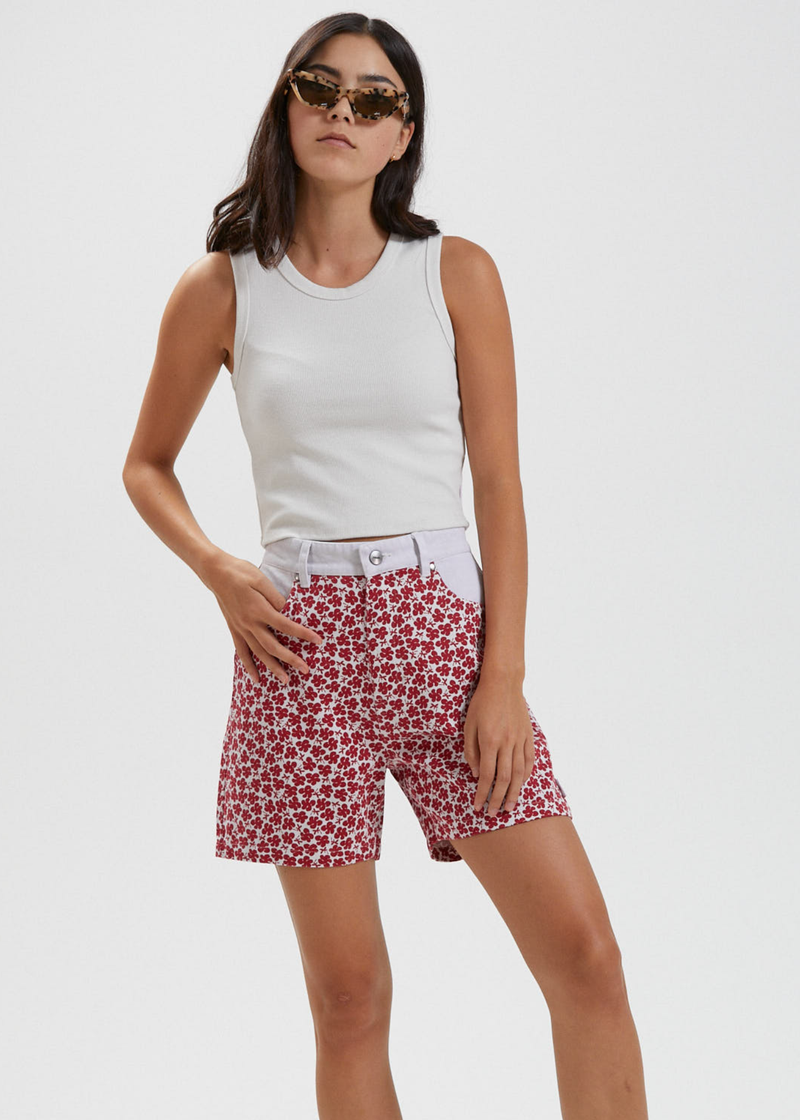 AFENDS Womens Shelby - Hemp Canvas Floral High Waisted Shorts - Red