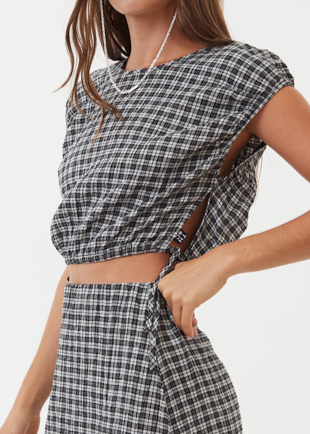 AFENDS Womens Asta - Seeksucker Check Tie Top - Steel 