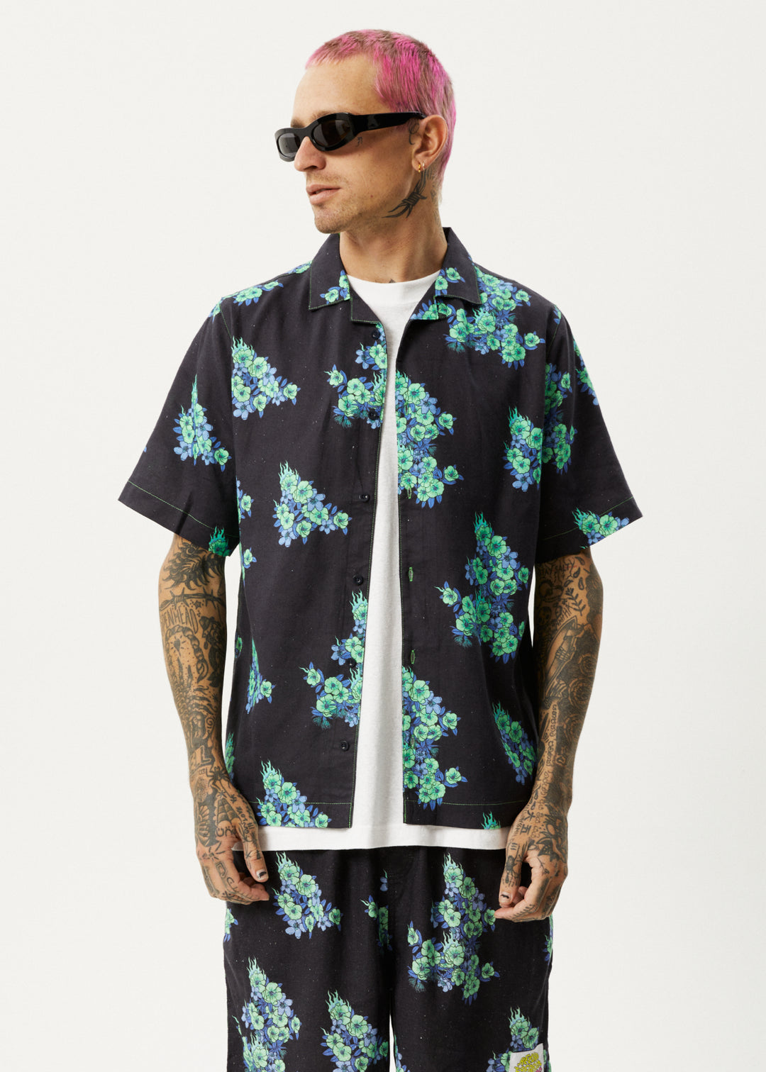 AFENDS Unisex House Of Darwin - Unisex Cuban Short Sleeve Shirt - Charcoal Floral 