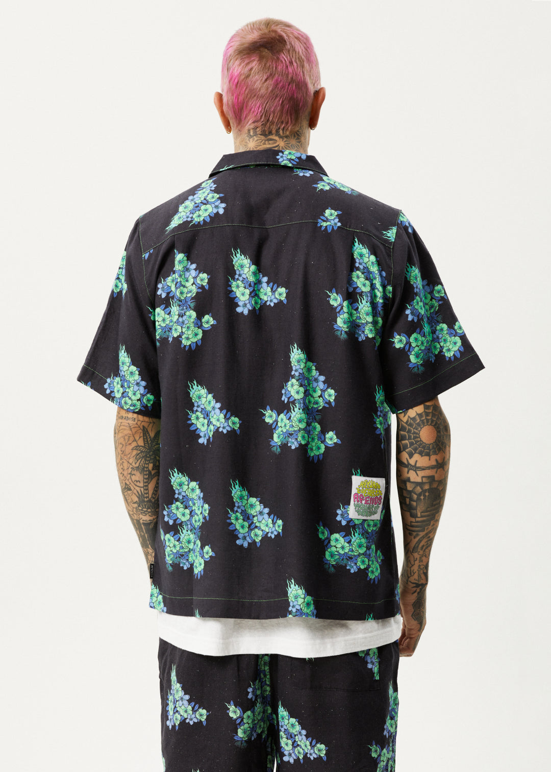 AFENDS Unisex House Of Darwin - Unisex Cuban Short Sleeve Shirt - Charcoal Floral 