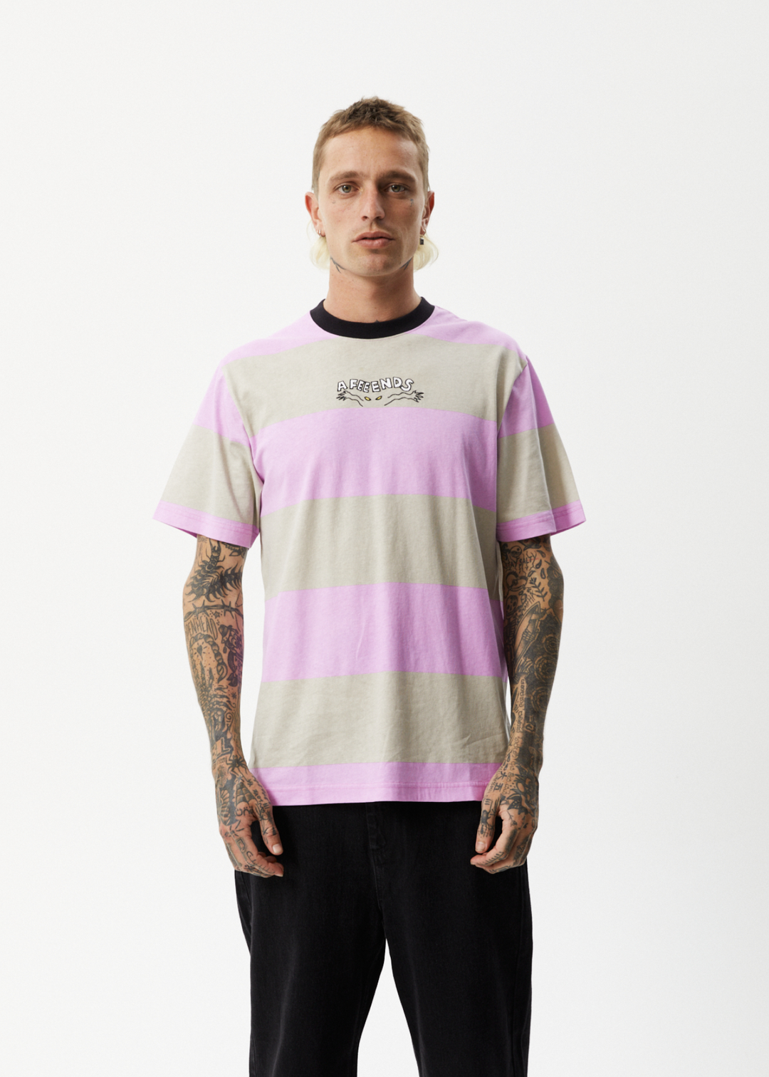 AFENDS Mens Space - Striped Retro Logo T-Shirt - Candy Stripe 