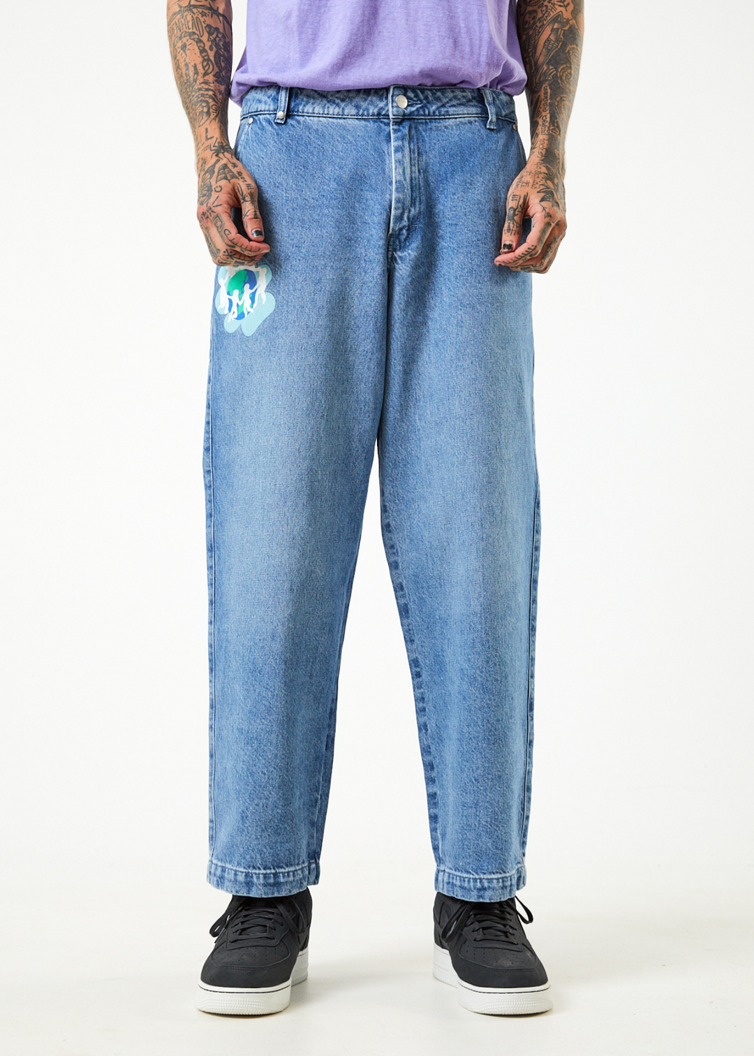 AFENDS Mens Cosmic Louie - Denim Wide Leg Jeans - Worn Blue 