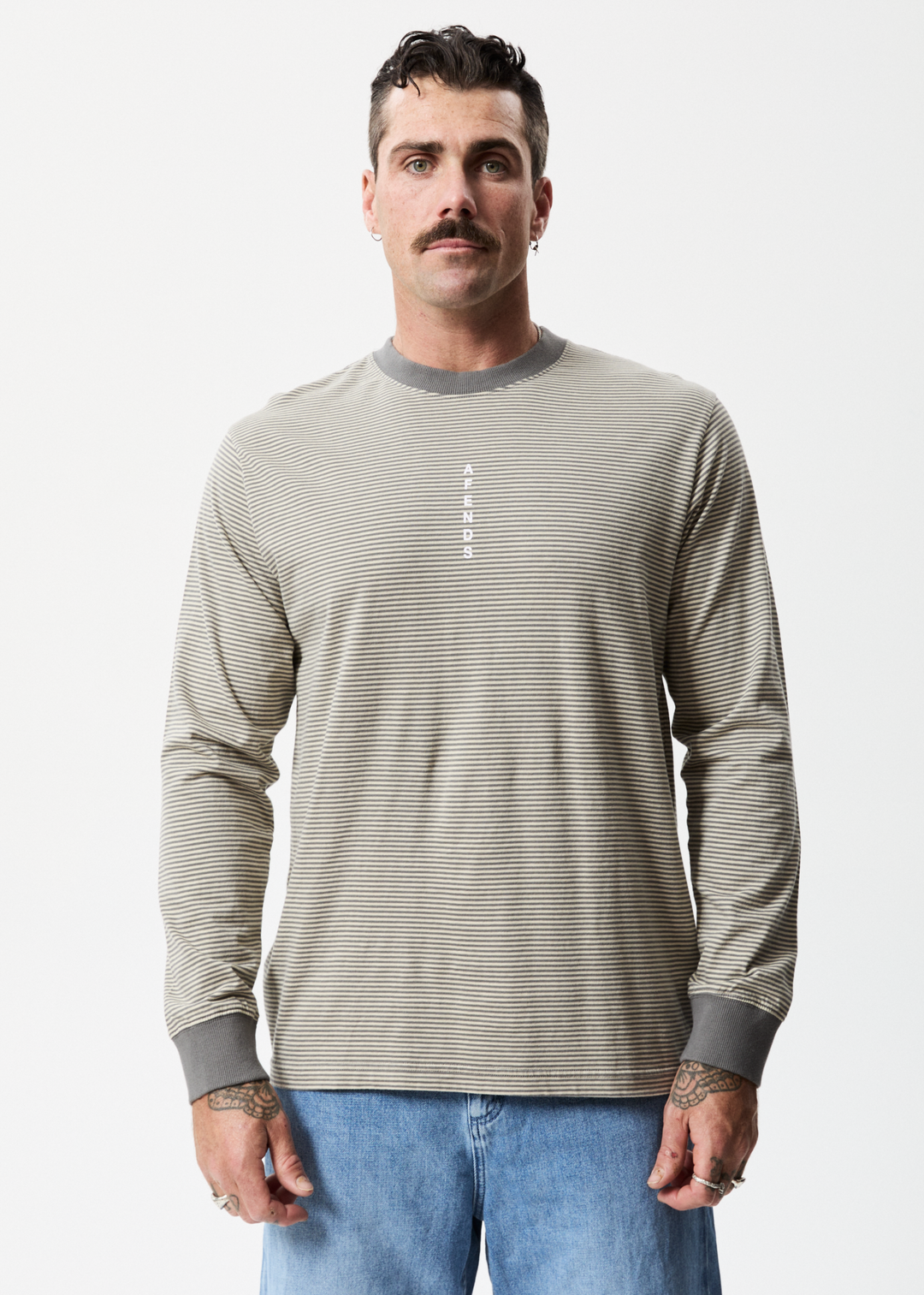 AFENDS Mens High Life - Striped Long Sleeve T-Shirt - Cement 