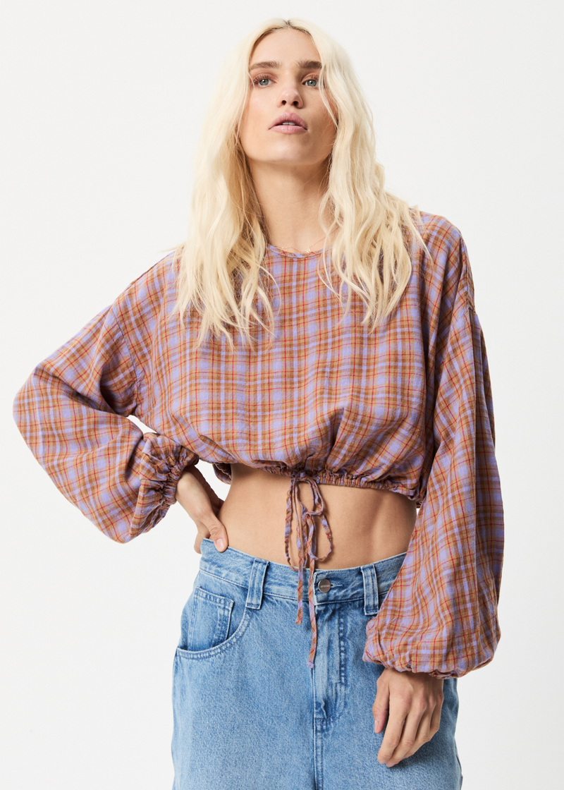 Afends Womens Colby - Hemp Check Cropped Long Sleeve Top - Plum