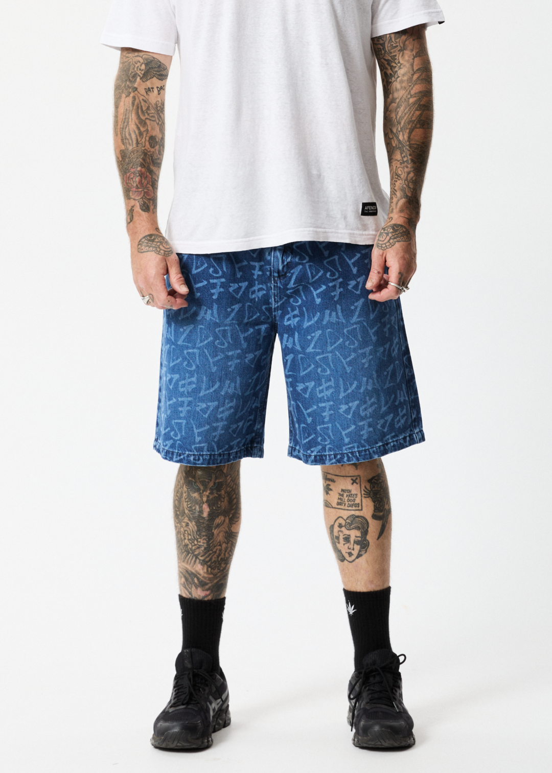 AFENDS Mens Tagged Lil C - Denim Baggy Shorts - Graffiti Blue 