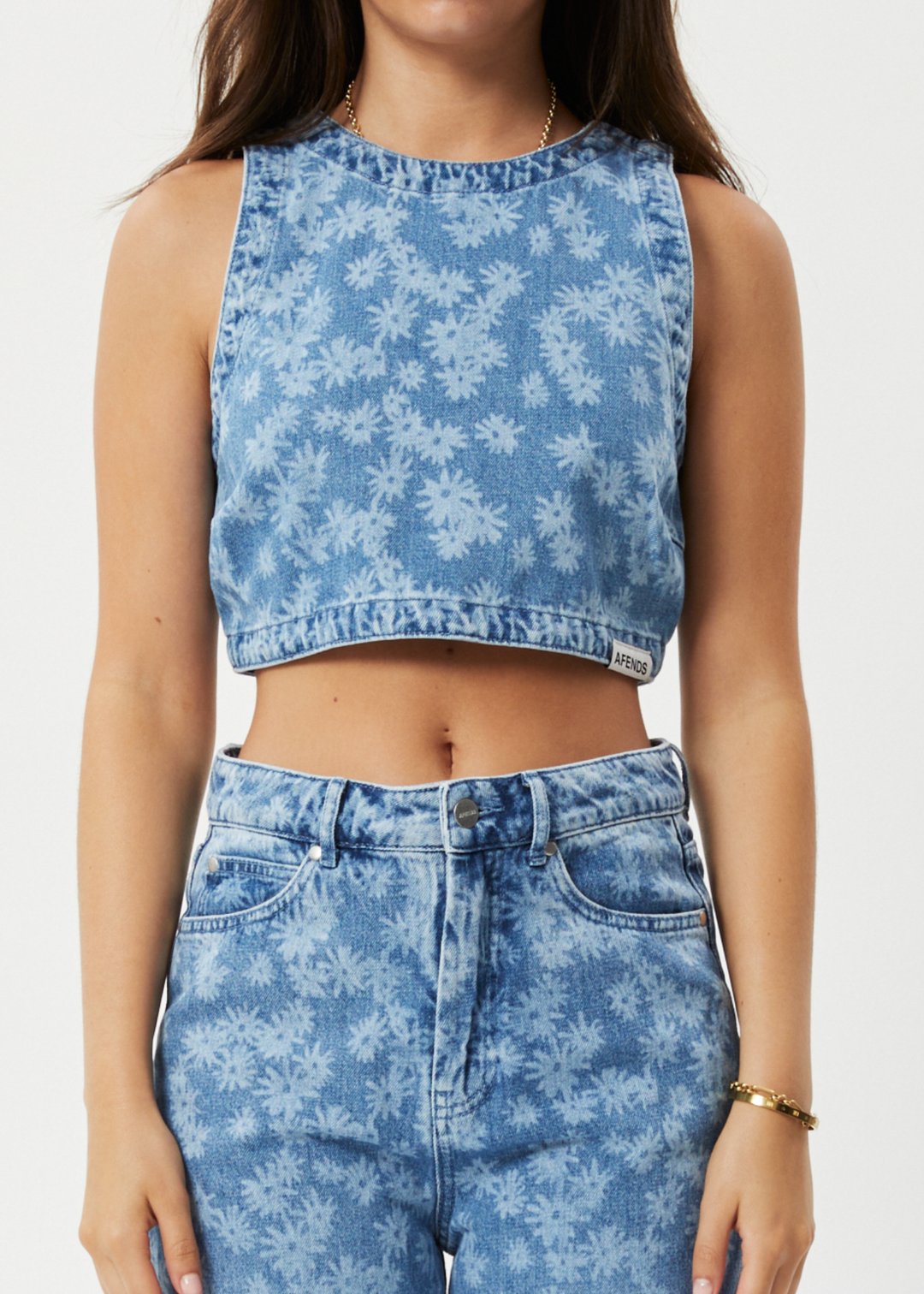 AFENDS Womens Fink - Denim Cropped Top - Worn Blue Daisy 