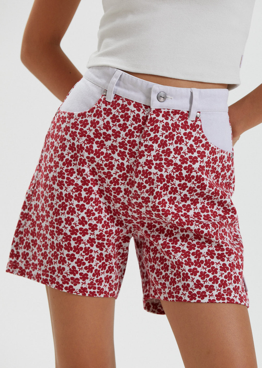 AFENDS Womens Shelby - Hemp Canvas Floral High Waisted Shorts - Red 