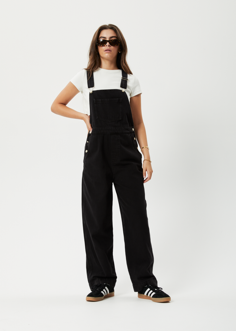 Afends Womens Louis - Organic Denim Baggy Overalls - Washed Black