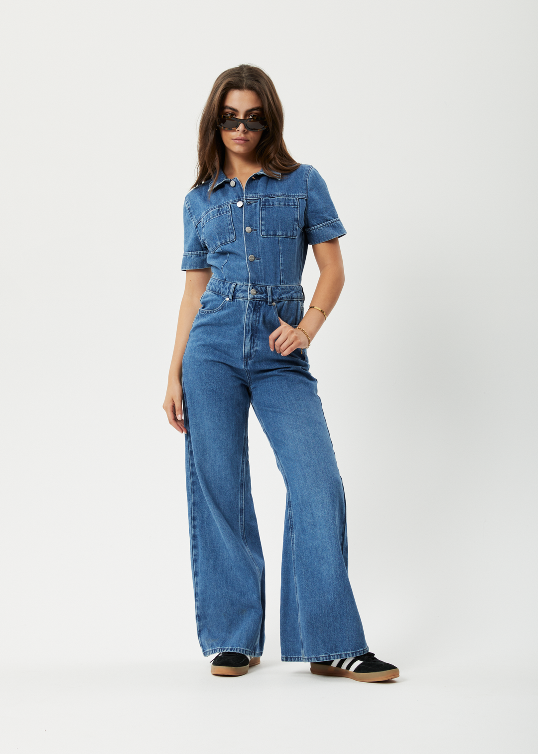 AFENDS Womens Miami - Denim Flared Jumpsuit - Authentic Blue 