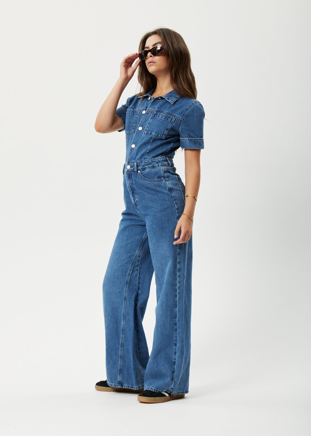 AFENDS Womens Miami - Denim Flared Jumpsuit - Authentic Blue 